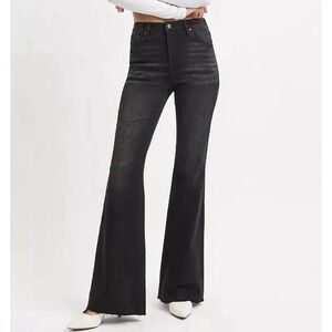 RISEN Women's Jeans 25  Flare Raw Hem Blk Pants‎  Stretch Festival Boho